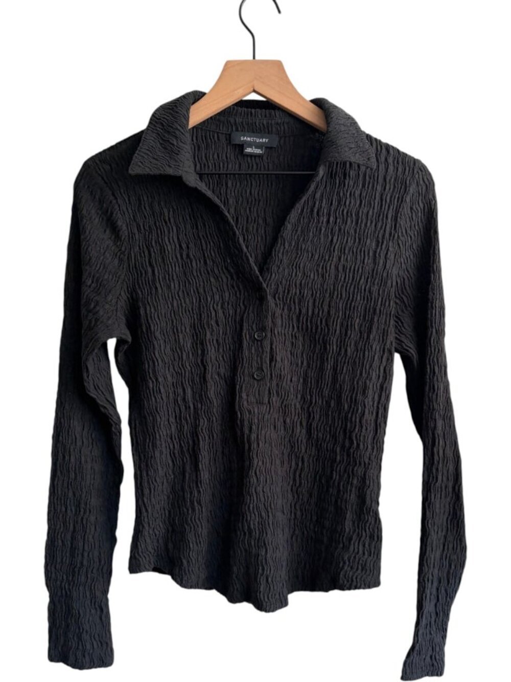 Sanctuary Anthropologie  Slim Fit V-Neck Buttondown Top Plisse Crinkle Large